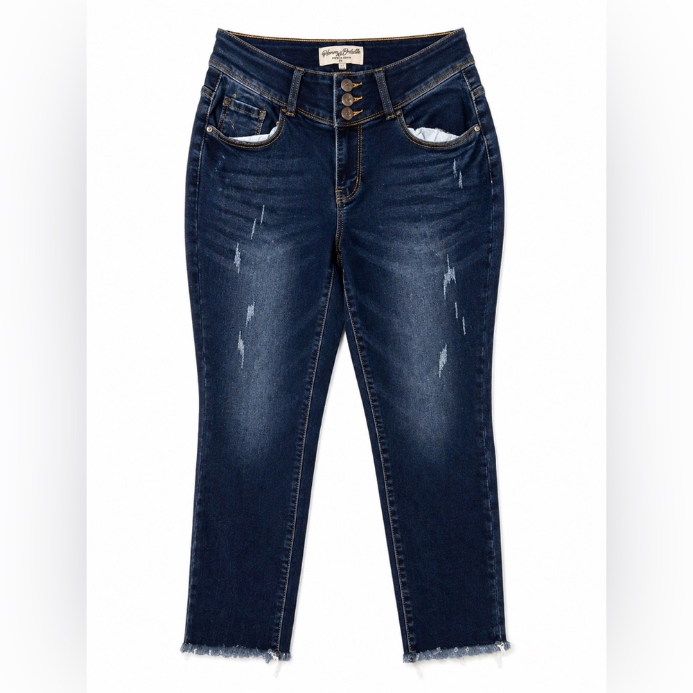 Mid-Rise Distressed Dark Blue Cropped Jeans